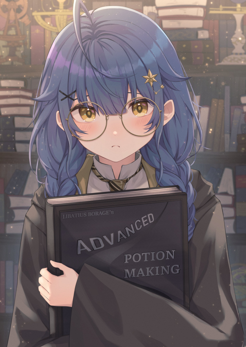 1girl, absurdres, ahoge, amamiya_kokoro, blue_hair, book, braid, glasses, hair_ornament, highres, holding, holding_book, long_hair, mitani._(m3), nijisanji, round_eyewear, solo, star_(symbol), star_hair_ornament, twin_braids, virtual_youtuber, yellow_eyes