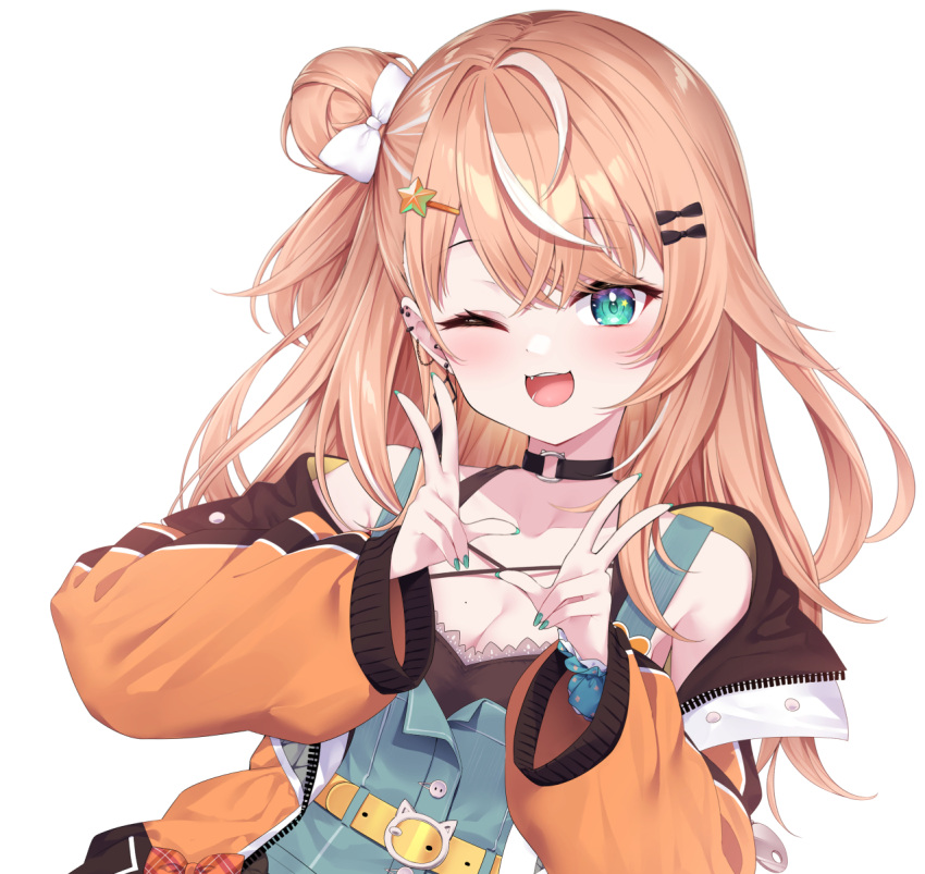 1girl, ;d, ariel23795, black_choker, blonde_hair, blue_eyes, blue_nails, choker