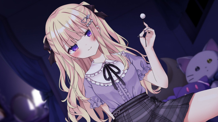 1girl, black_skirt, blonde_hair, blush, collar, commentary, dutch_angle, frilled_collar, frills, hair_ornament, heart, heart_hair_ornament, highres, kasa_kasa_(enkasa), long_hair, purple_shirt, re:act, shirt, skirt, smile, solo, stuffed_animal, stuffed_cat, stuffed_toy, symbol-only_commentary, tsukushi_aria, two_side_up, violet_eyes, virtual_youtuber, white_collar