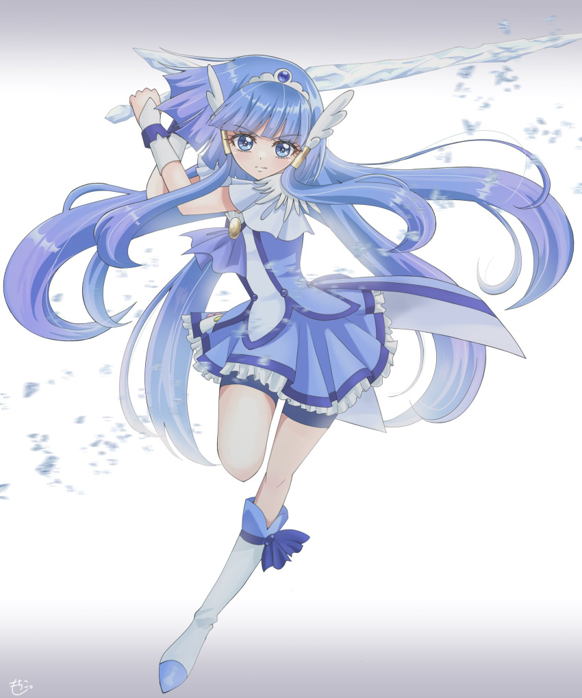 1girl, aoki_reika, bike_shorts, bike_shorts_under_skirt, blue_dress, blue_eyes, blue_hair, blue_skirt
