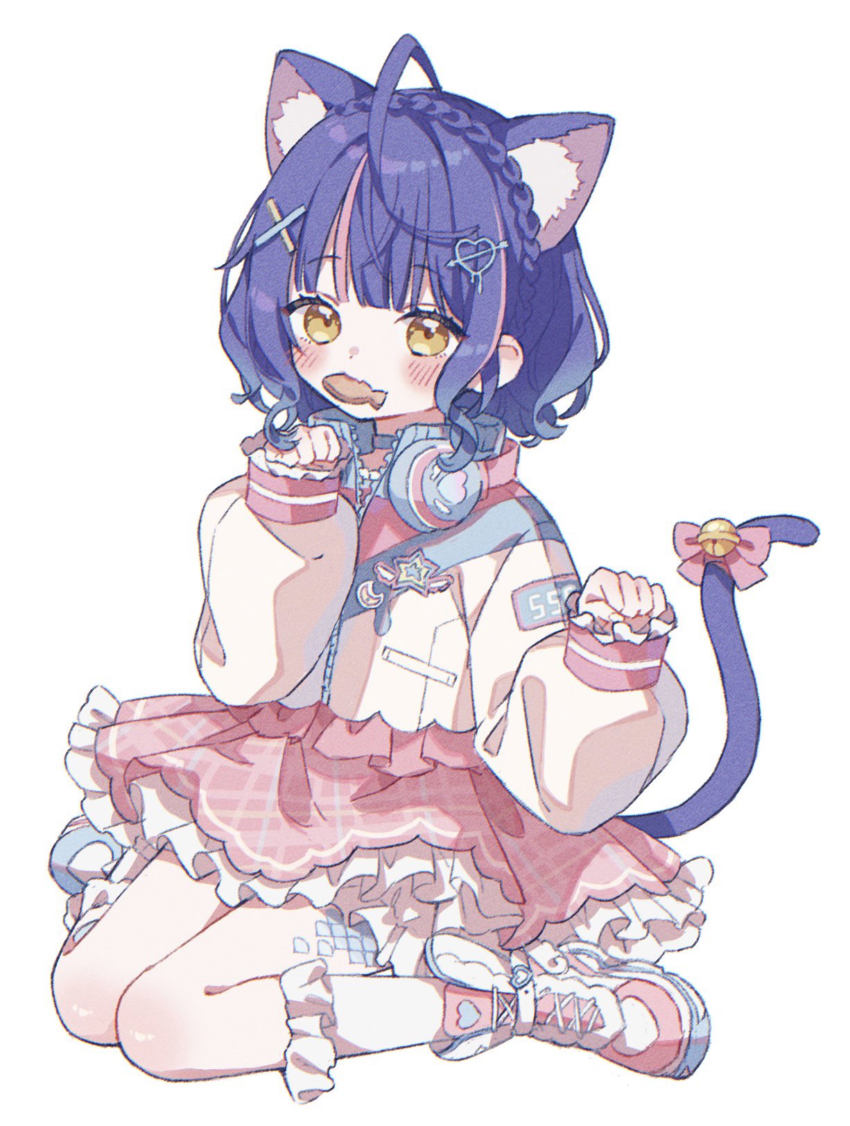 1girl, ahoge, amamiya_kokoro, animal_ear_fluff, animal_ears, blue_hair, braid, cat_ears