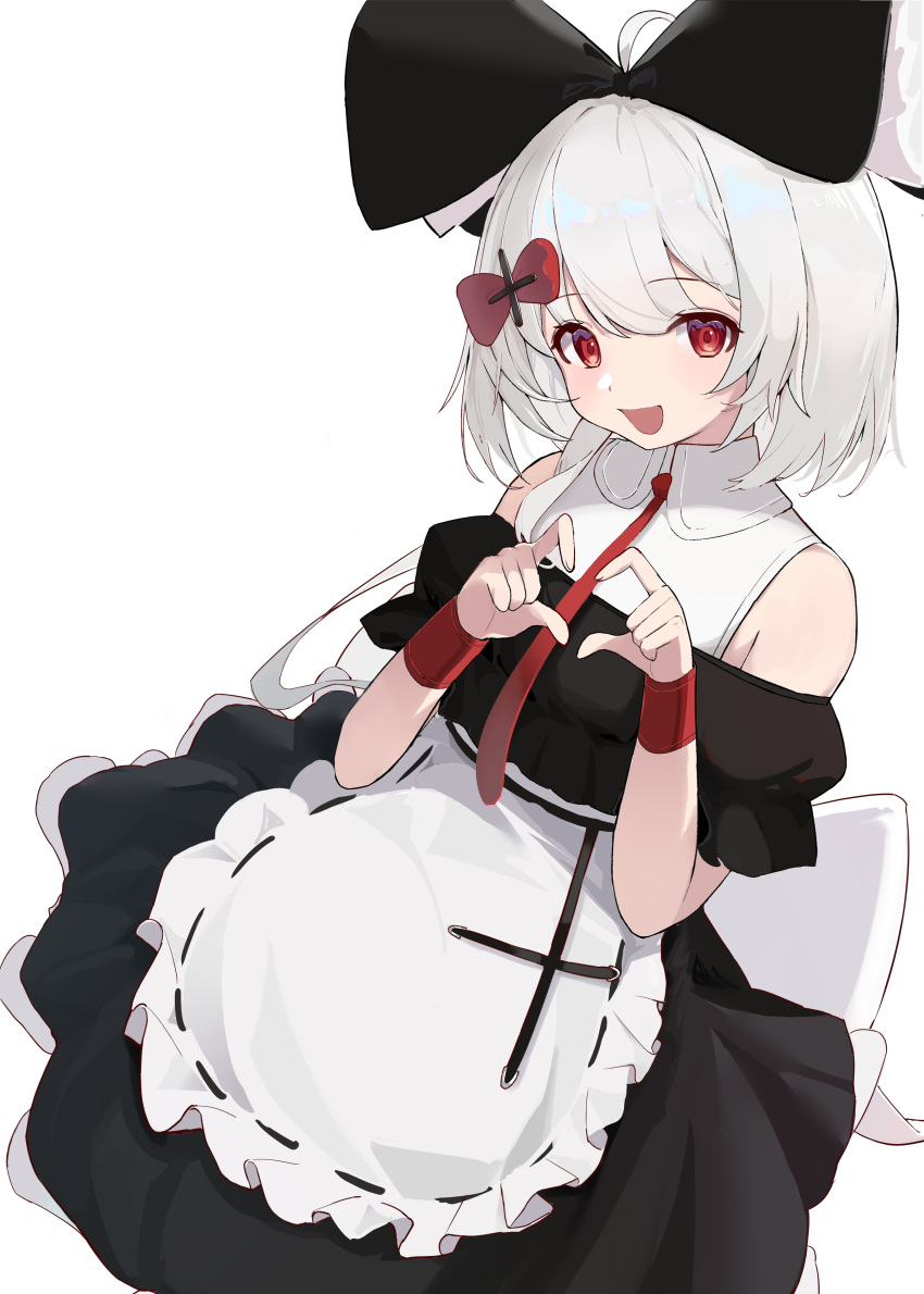 1girl, absurdres, apron, ayaha_4780828, bare_shoulders, black_bow, black_dress, bow