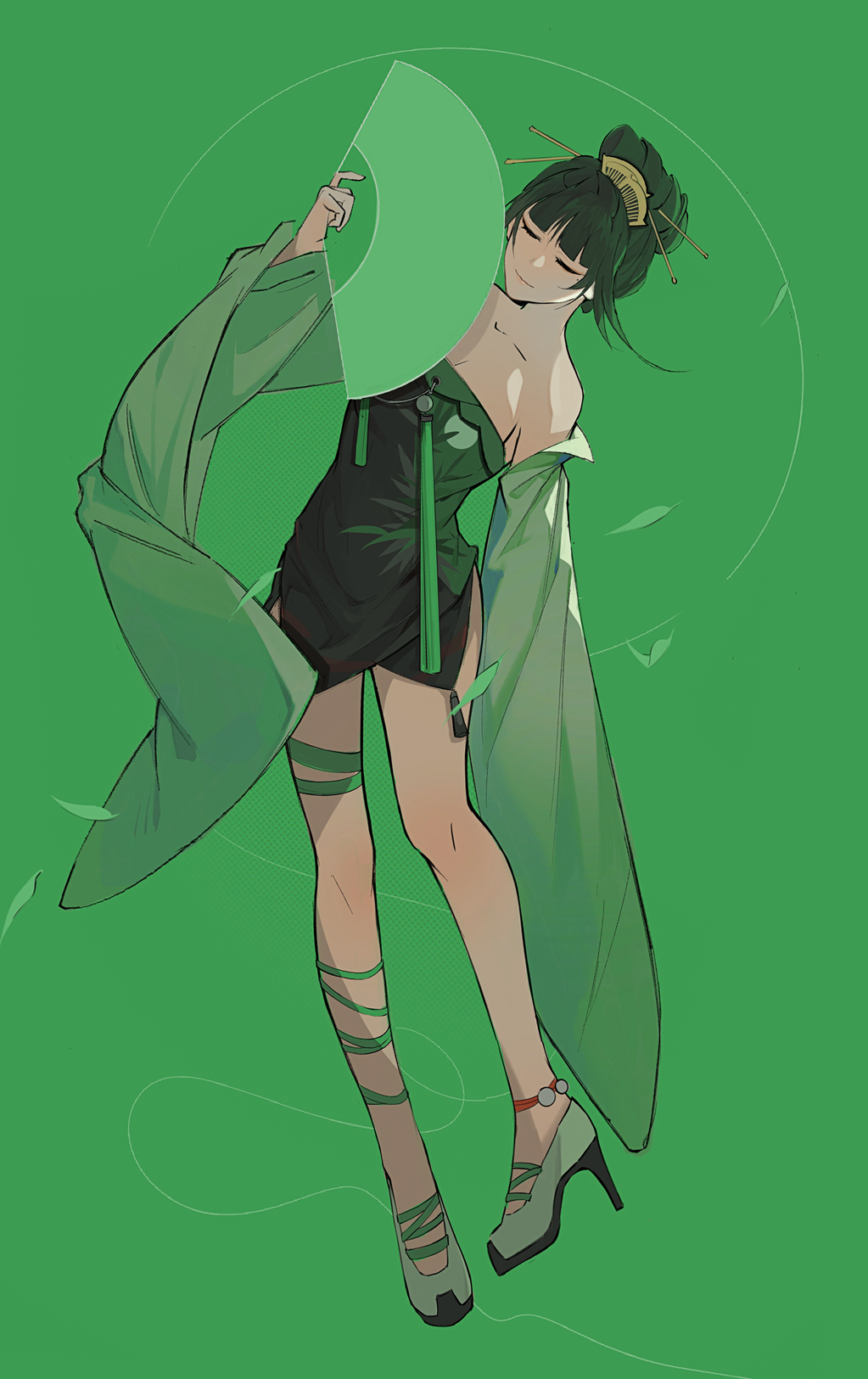 18_kawaki, 1girl, bandaged_leg, bandages, bare_shoulders, china_dress, chinese_clothes, closed_eyes, closed_mouth, detached_sleeves, dress, full_body, green_background, green_dress, green_hair, green_sleeves, hair_ornament, hand_fan, hanying_(punishing:_gray_raven), highres, holding, holding_fan, paper_fan, punishing:_gray_raven, solo, wide_sleeves