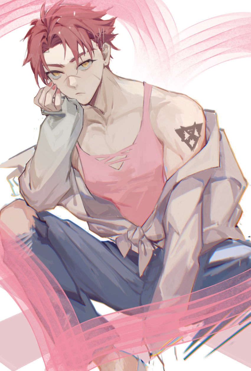 18_kawaki, 1boy, absurdres, alternate_costume, closed_mouth, denim, grey_jacket, hand_on_own_cheek