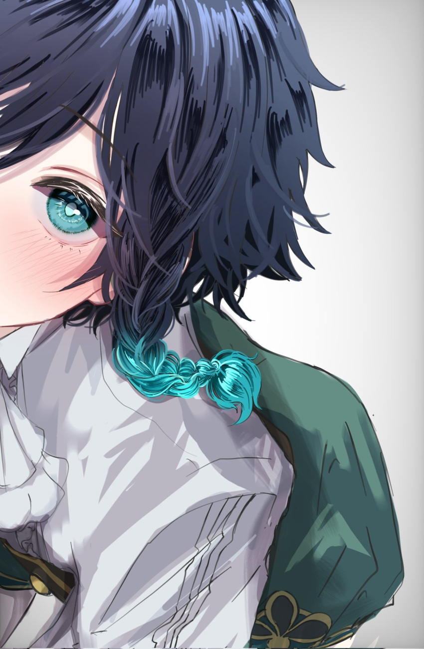 1boy, androgynous, aqua_eyes, aqua_hair, ascot, black_hair, blush, braid, cape, fugusashi_(fgss2089), genshin_impact, green_cape, highres, long_sleeves, looking_at_viewer, low_twin_braids, male_focus, medium_hair, multicolored_hair, no_headwear, shirt, solo, twin_braids, venti_(genshin_impact), white_ascot, white_background, white_shirt