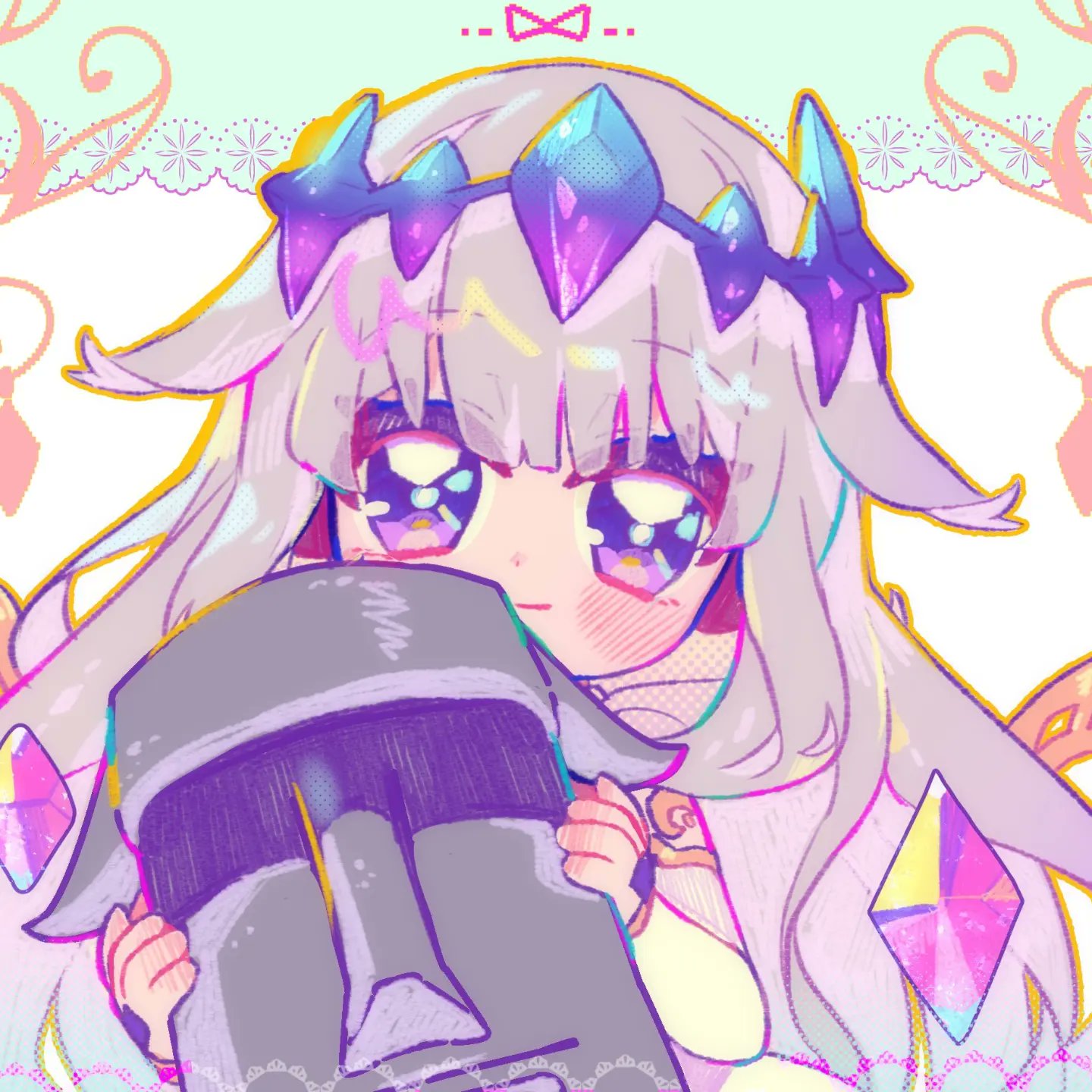 1girl, blush, chou_ji_yun, gem, grey_hair, highres, holding, hololive