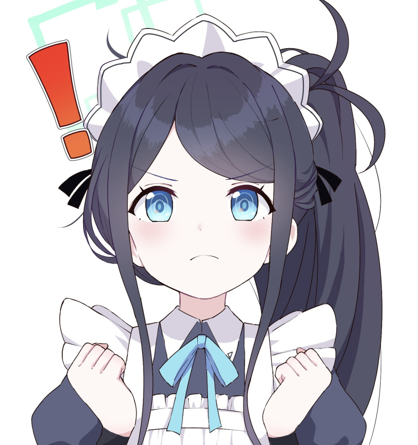 !, 1girl, apron, aris_(blue_archive), aris_(maid)_(blue_archive), black_dress, black_hair, blue_archive, blue_eyes, closed_mouth, collared_dress, commentary_request, dress, green_halo, halo, highres, light_blush, long_hair, long_sleeves, looking_at_viewer, maid_apron, maid_headdress, official_alternate_costume, ponytail, sanz_zzz, simple_background, solo, straight-on, upper_body, white_apron, white_background