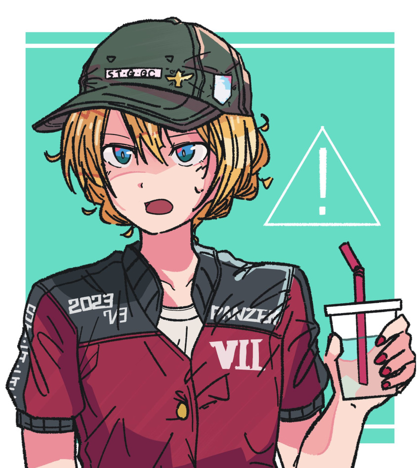 !, 1girl, alternate_costume, baseball_cap, bendy_straw, black_headwear, black_trim, blue_background