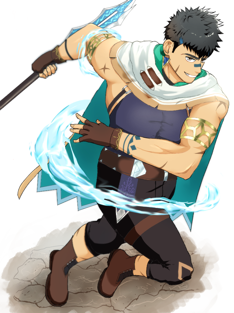 1boy, armlet, black_hair, brown_footwear, cape, crave_saga, earrings, fingerless_gloves, full_body, gae_bolg_(crave_saga), gloves, grin, holding, holding_polearm, holding_weapon, jewelry, male_focus, muscular, nose_tape, polearm, running, saiden_(mandraw), scar, scar_on_arm, smile, solo, tattoo, thigh_strap, twisted_torso, weapon