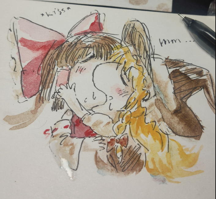 2girls, art_tools_in_frame, black_headwear, black_vest, blonde_hair, blush, bow, braid