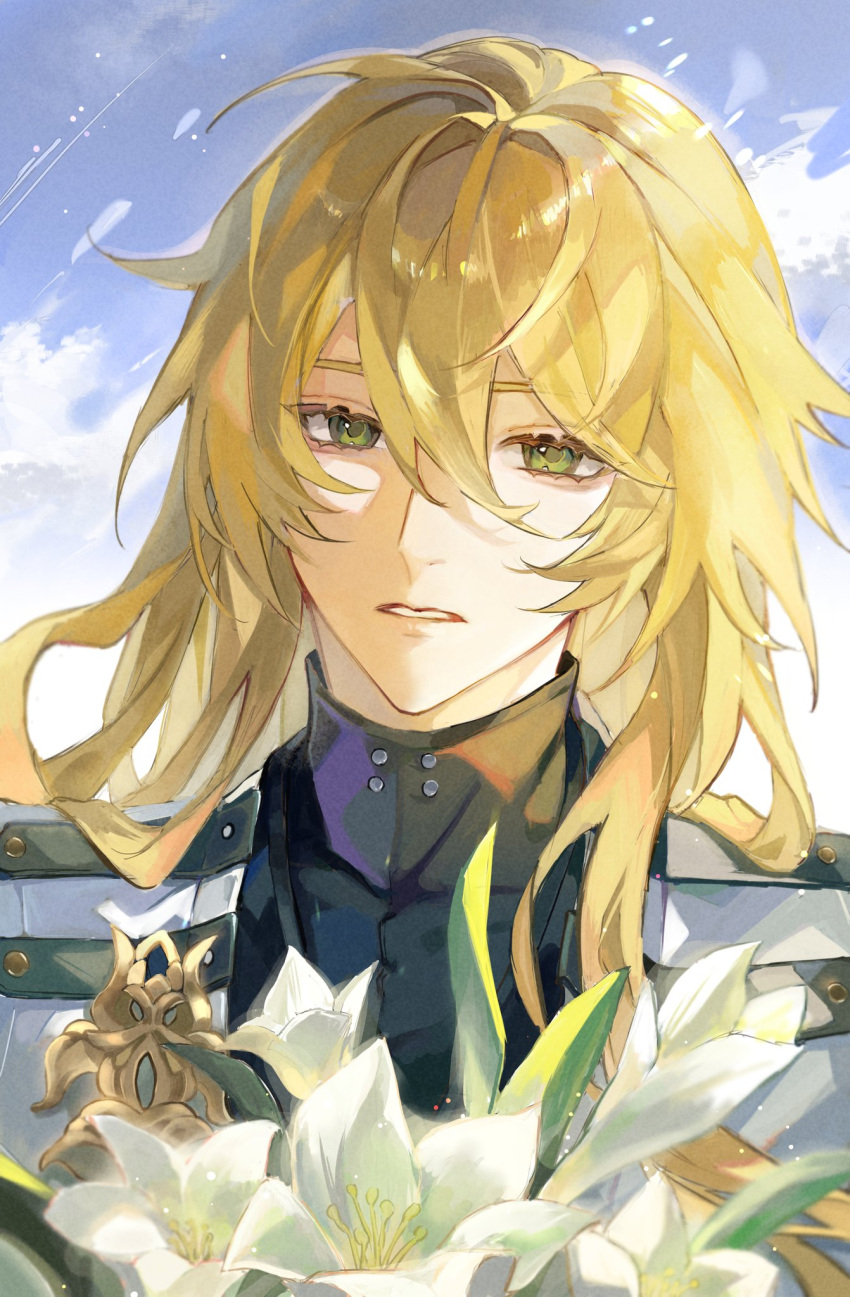 1boy, black_shirt, blonde_hair, blue_sky, blurry, clouds, coat, depth_of_field