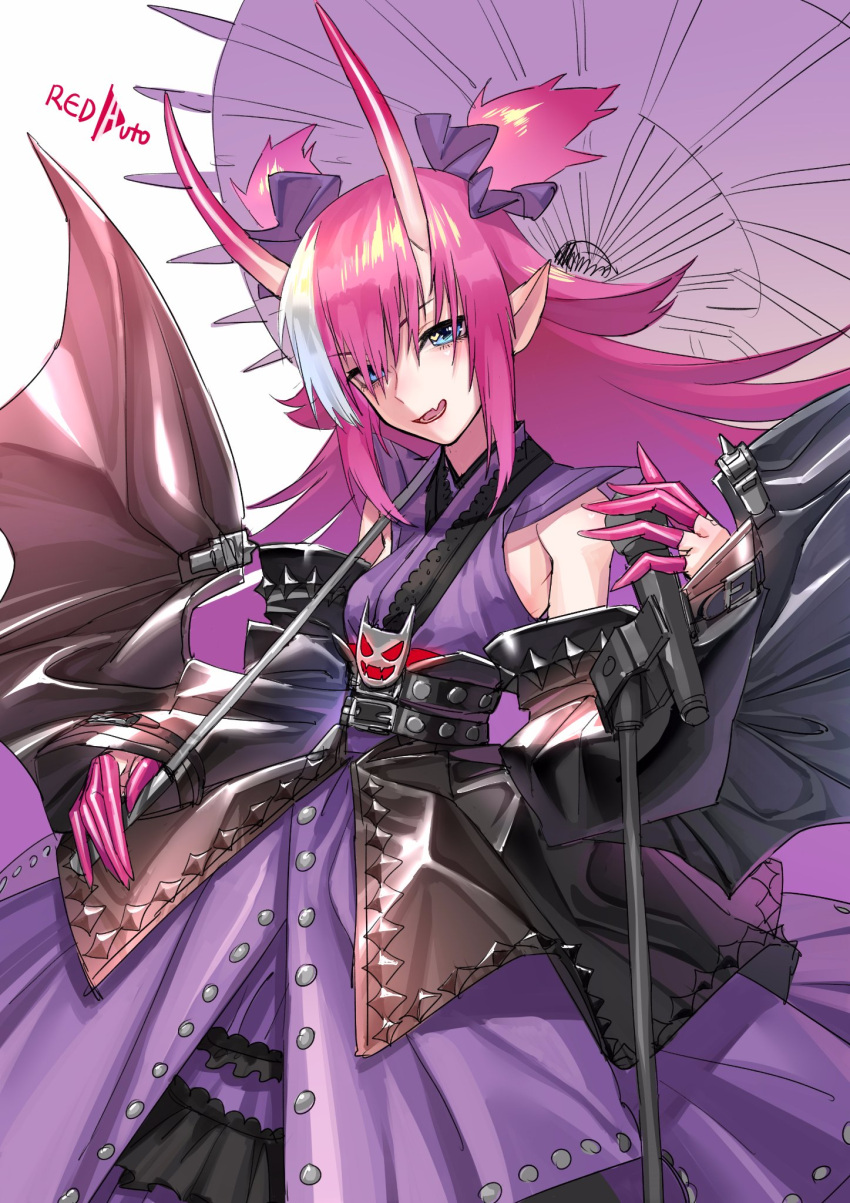 1girl, belt, blue_eyes, elizabeth_bathory_(fate), elizabeth_bathory_(japan)_(fate), fang, fate/grand_order, fate_(series), finger_cots, highres, holding, holding_umbrella, horns, japanese_clothes, kimono, long_hair, looking_at_viewer, microphone, microphone_stand, multicolored_hair, oni_horns, parted_lips, pink_hair, pointy_ears, purple_kimono, redauto, skin_fang, sleeveless, sleeveless_kimono, smile, solo, studded_belt, twintails, two-tone_hair, two_side_up, umbrella, white_background, white_hair, wings