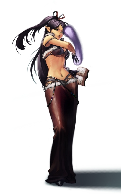 1girl, book, bra, breasts, gloves, hair_ribbon, lingerie, long_hair, mage, magic, midriff, navel, navel_piercing, original, piercing, pointy_ears, ribbon, skirt, solo, underboob, underwear, yuksi
