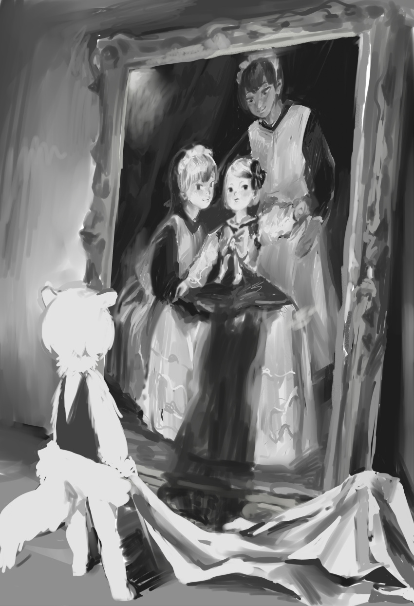 4girls, absurdres, alternate_costume, animal_ears, bed_sheet, bow, clenched_hand, closed_mouth