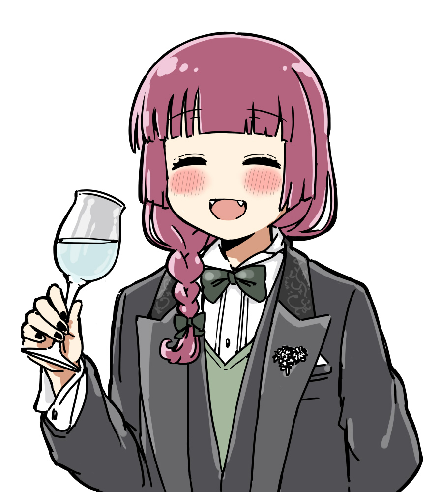 1girl, alternate_costume, arm_behind_back, black_jacket, black_nails, black_vest, blush, bocchi_the_rock!, bow, bowtie, braid, braided_ponytail, closed_mouth, collared_shirt, cup, facing_viewer, fangs, hair_bow, hand_up, hiroi_kikuri, holding, holding_cup, jacket, long_sleeves, open_mouth, purple_hair, shirt, simple_background, smile, solo, suit, torako_(toramaru), upper_body, vest, white_background, white_shirt