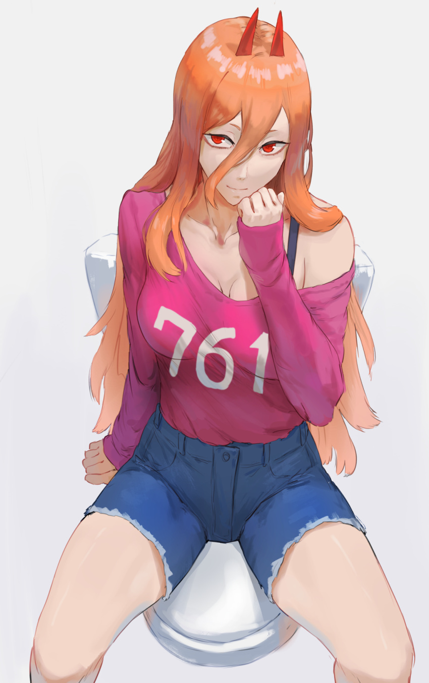 1girl, breasts, chainsaw_man, cross-shaped_pupils, cutoffs, hair_between_eyes, highres, horns