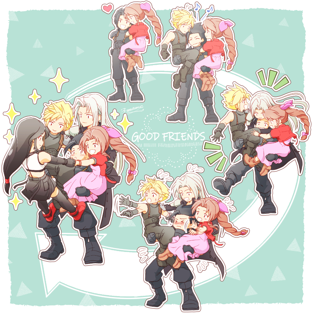2girls, 3boys, 3mame_000_185, aerith_gainsborough, armor, bare_shoulders, black_footwear, black_gloves, black_hair, black_jacket, black_pants, black_skirt, black_thighhighs, blonde_hair, boots, bracelet, braid, braided_ponytail, brown_footwear, brown_hair, carrying, carrying_person, cloud_strife, commentary_request, crop_top, dress, elbow_gloves, final_fantasy, final_fantasy_vii, final_fantasy_vii_remake, flying_sweatdrops, full_body, gloves, grey_hair, hair_ribbon, heart, holding_hands, jacket, jewelry, long_hair, looking_at_another, low-tied_long_hair, multiple_boys, multiple_girls, musical_note, open_mouth, outstretched_hand, pants, parted_bangs, piggyback, pink_dress, pink_ribbon, red_footwear, red_jacket, ribbon, sephiroth, sequential, short_hair, shoulder_armor, single_bare_shoulder, skirt, sleeveless, sleeveless_turtleneck, smile, sparkle, spiky_hair, standing, suspenders, sweater, tank_top, thigh-highs, tifa_lockhart, turtleneck, turtleneck_sweater, waving_arm, white_tank_top, zack_fair