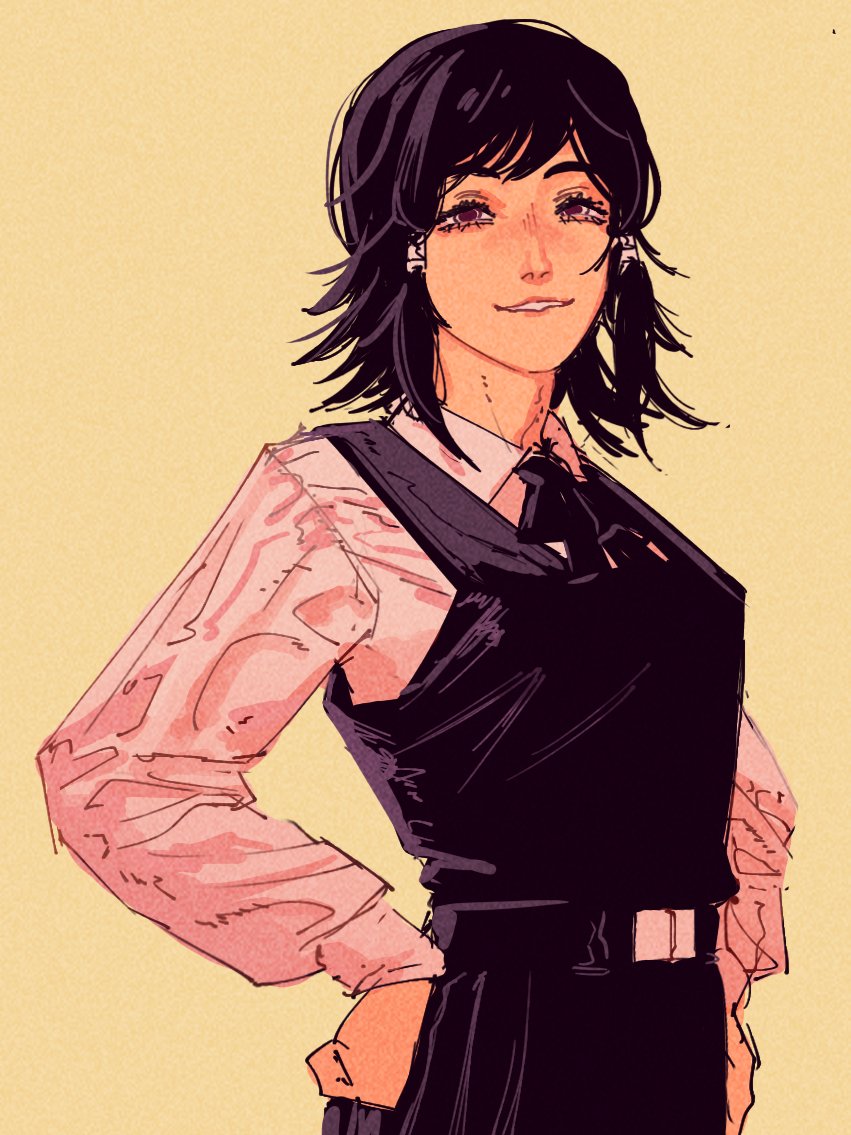 1girl, black_hair, chainsaw_man, dress, fourth_east_high_school_uniform, kenzarts1, looking_at_viewer, medium_hair