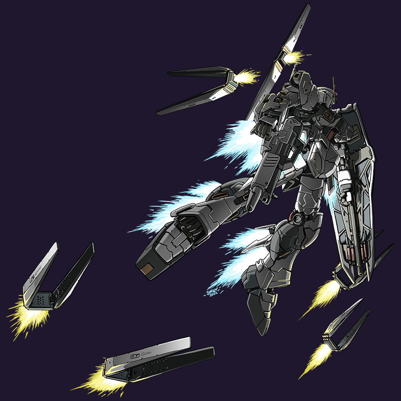 1980s_(style), beam_rifle, bit_(gundam), char's_counterattack, derivative_work, energy_gun, english_commentary, flying