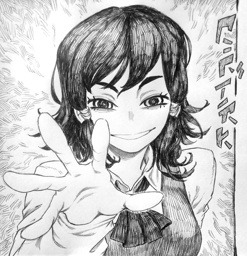 1girl, absurdres, black_hair, chainsaw_man, chronozbergh, graphite_(medium), greyscale, hatching_(texture)