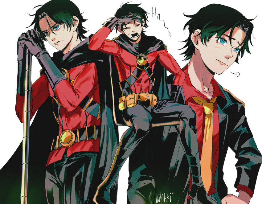 1boy, absurdres, animification, batman_(series), belt, bishounen, black_cape, black_footwear