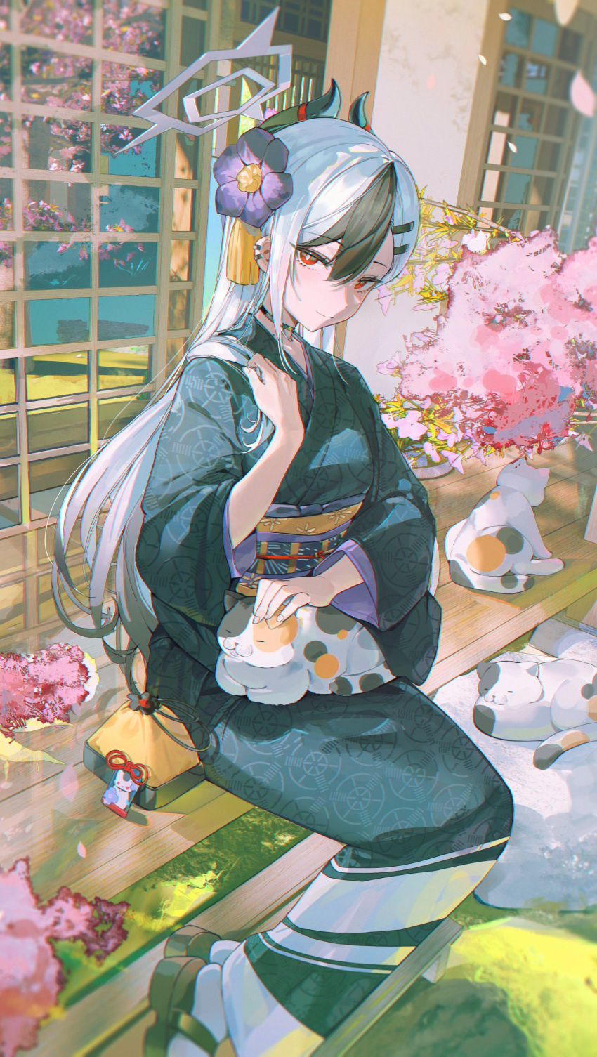 1girl, absurdres, asymmetrical_bangs, black_kimono, blue_archive, cat, cherry_blossoms, earclip