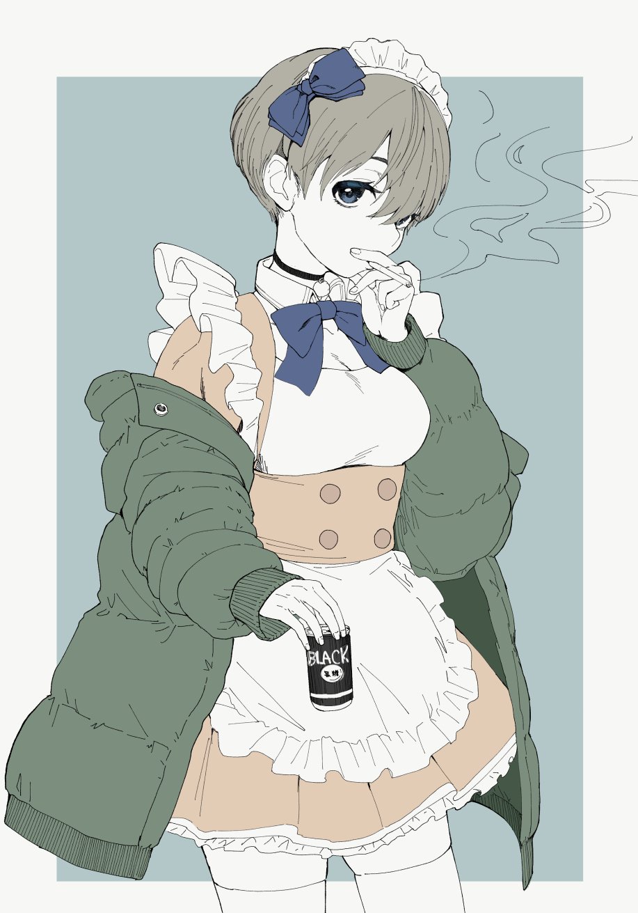 1girl, 5saiji, apron, bow, bowtie, breasts, can, canned_coffee