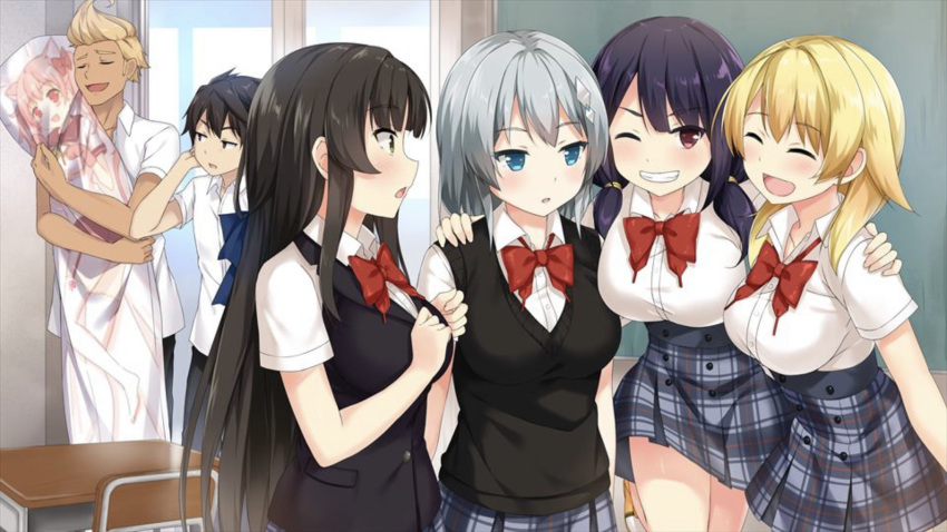 2boys, 4girls, araya_kazuki, black_hair, blonde_hair, blue_eyes, breasts, brown_hair