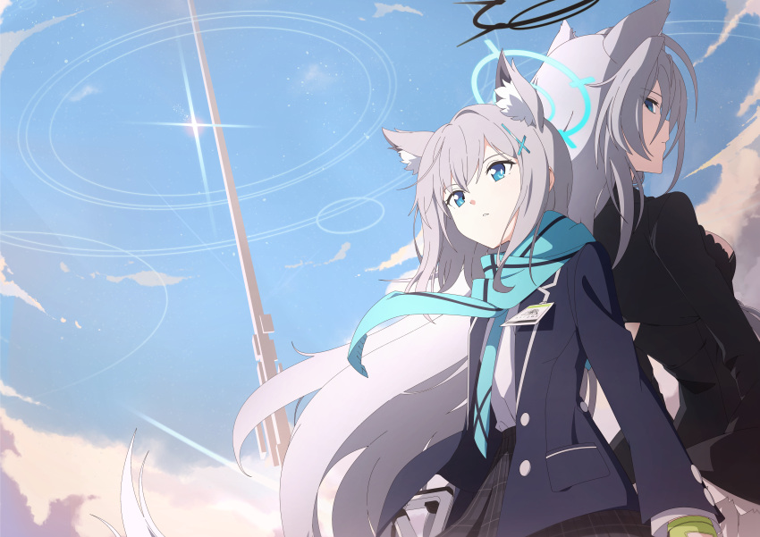2girls, absurdres, animal_ears, back-to-back, black_dress, black_halo, black_skirt, blazer