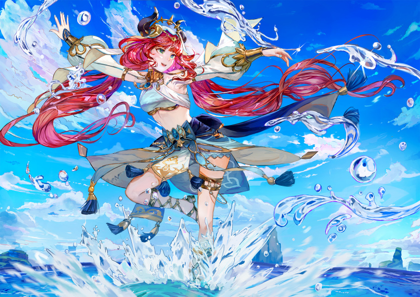 1girl, dancing, demon_horns, dress, full_body, genshin_impact, green_eyes, highres