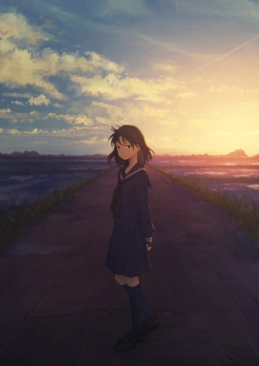 1girl, absurdres, ahoge, arms_behind_back, black_eyes, black_hair, black_neckerchief, blue_sailor_collar