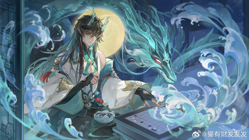 1boy, bare_shoulders, black_gloves, black_hair, black_pants, blue_theme, chinese_clothes, dan_heng_(honkai:_star_rail), dan_heng_(imbibitor_lunae)_(honkai:_star_rail), detached_sleeves, dragon, dragon_boy, dragon_horns, earrings, elbow_gloves, expressionless, fingerless_gloves, full_moon, gloves, green_eyes, green_horns, hair_between_eyes, highres, honkai:_star_rail, honkai_(series), horns, huanyoucai, jewelry, long_hair, long_sleeves, male_focus, moon, pants, pointy_ears, red_eyeliner, shirt, single_earring, solo, traditional_clothes, white_sleeves