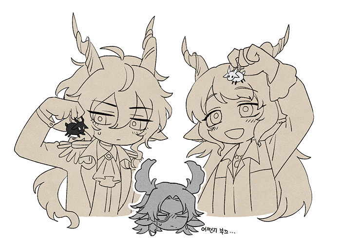 3boys, :d, :|, animal_ears, antlers, arknights, ascot, bag_charm