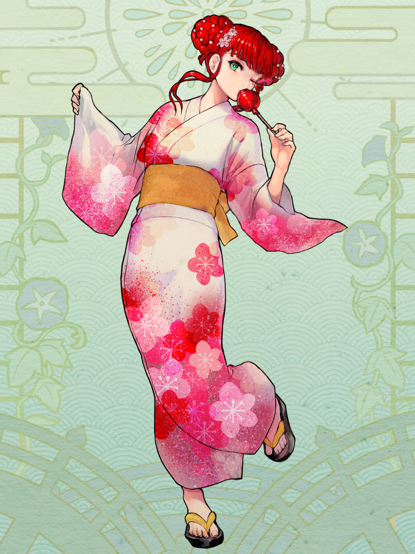 1girl, braid, braided_bun, candy_apple, dairoku_ryouhei, double_bun, eating, facial_mark