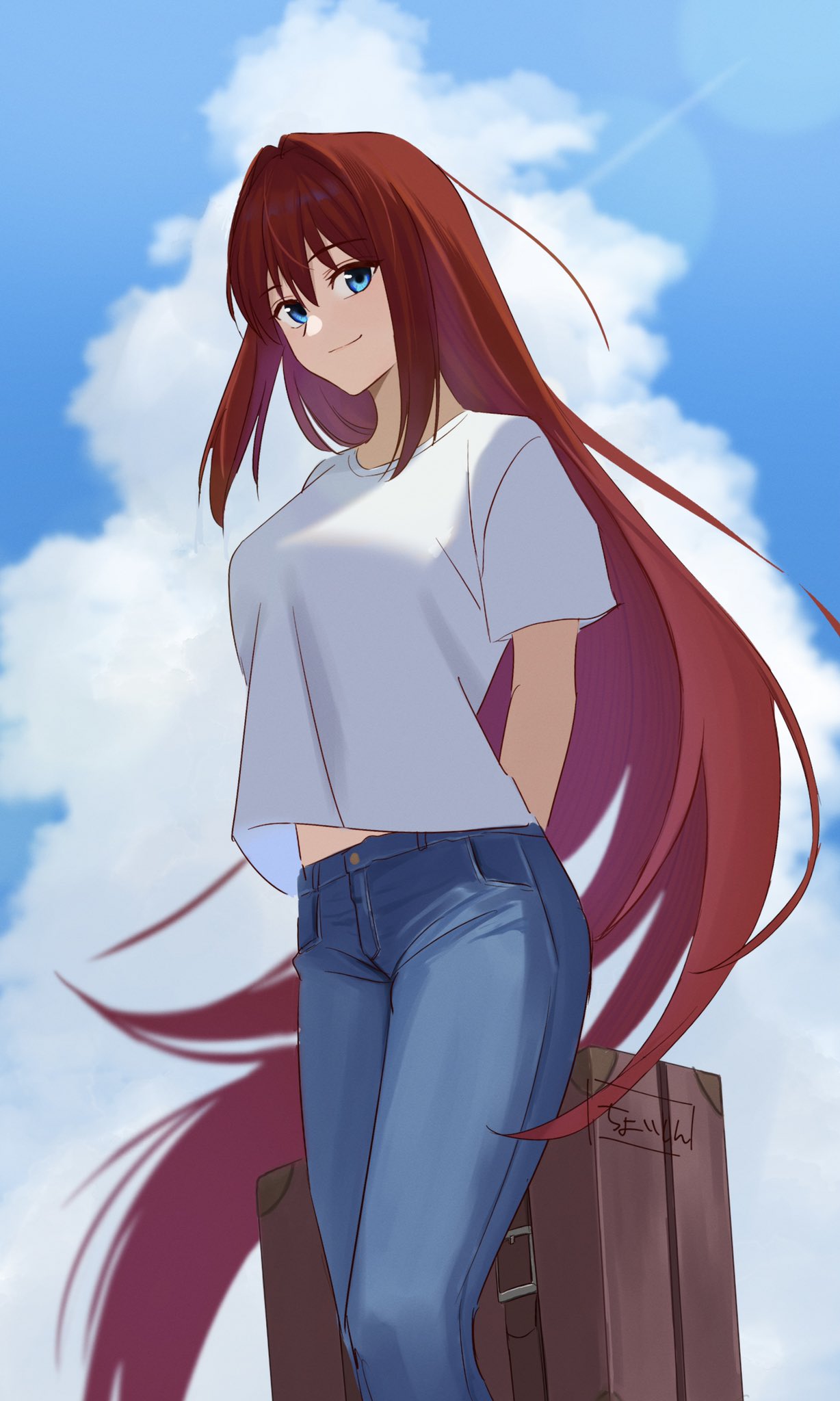 1girl, aozaki_aoko, arms_behind_back, blue_eyes, blue_pants, blue_sky, breasts, closed_mouth