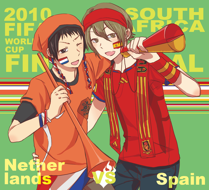 bandana, brown_eyes, brown_hair, flag, headband, horn_(instrument), koizumi_itsuki, kyon