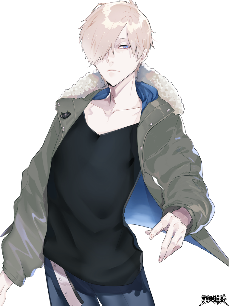 1boy, black_shirt, blonde_hair, blue_eyes, coat, copyright_name, dairoku_ryouhei, frown