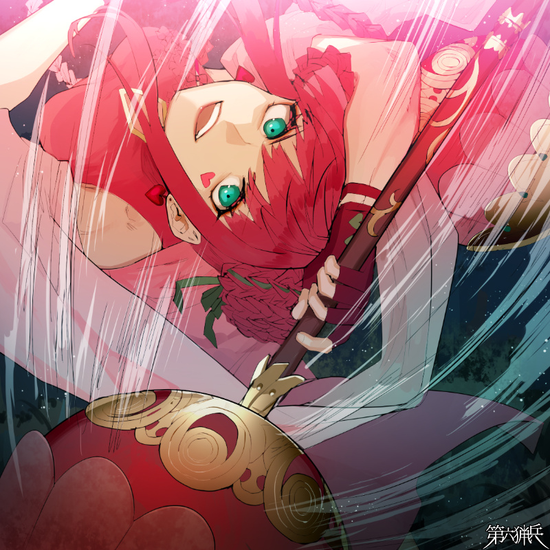 1girl, blue_eyes, breasts, copyright_name, dairoku_ryouhei, earrings, facial_mark, fingerless_gloves