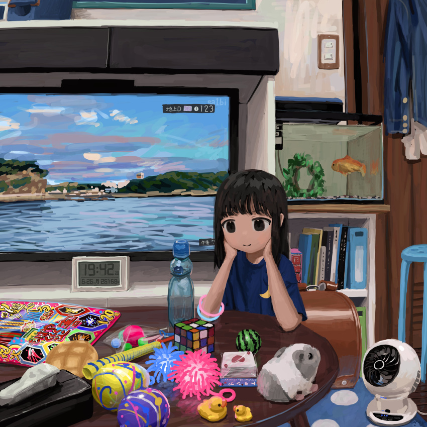 1girl, absurdres, alarm_clock, artist_name, backpack, backpack_removed, bag, black_eyes