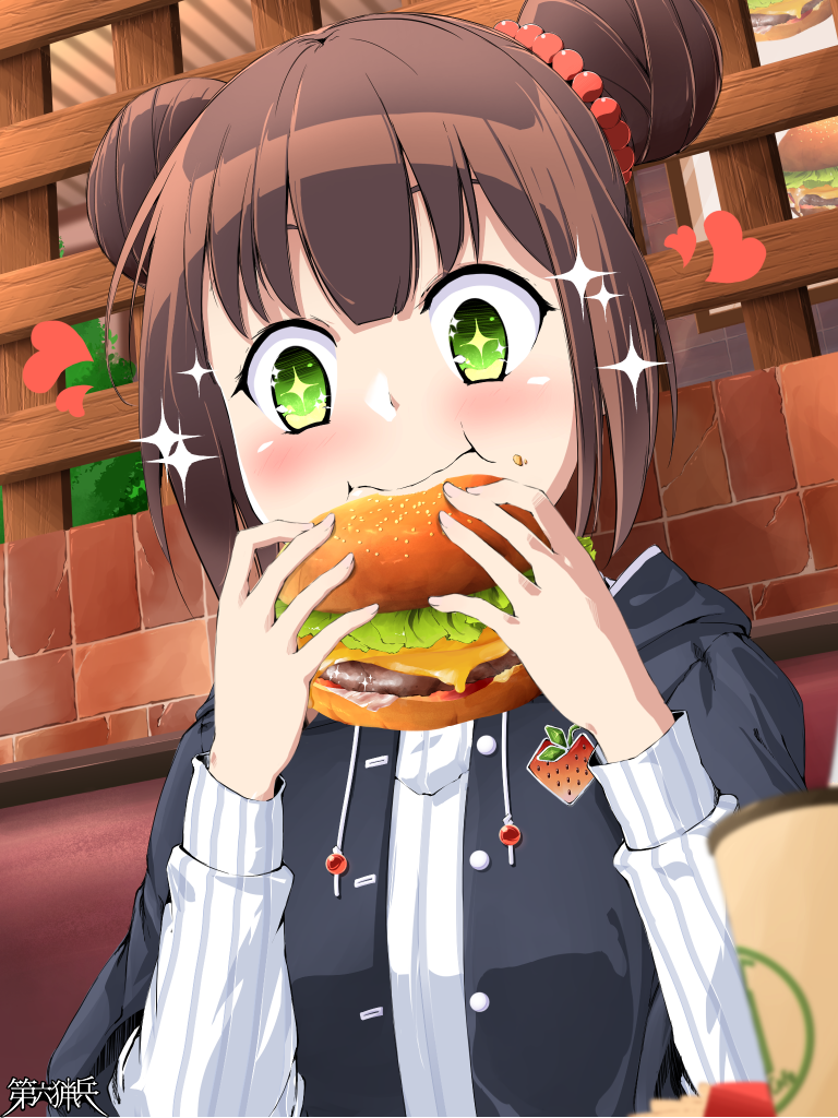 1girl, black_jacket, blush, brown_hair, burger, cup, dairoku_ryouhei, disposable_cup