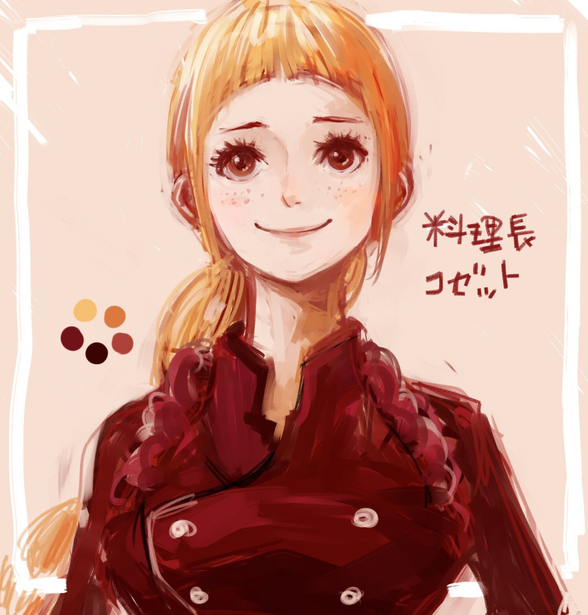 1girl, braid, brown_eyes, brown_hair, chef, closed_mouth, cosette_(one_piece), facial_mark, freckles, highres, long_hair, one_piece, smile, solo, torapunch, twin_braids, uniform