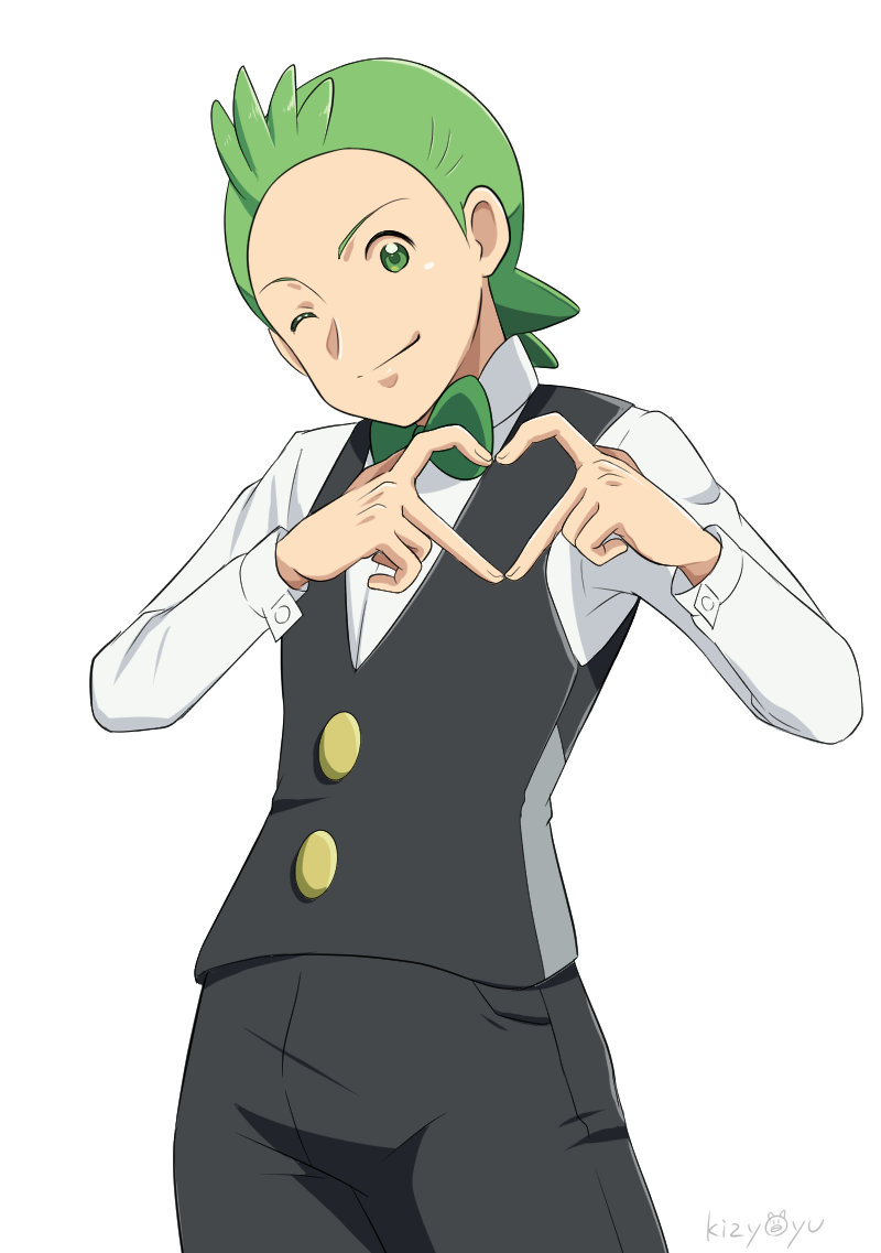 1boy, black_pants, black_vest, bow, bowtie, cilan_(pokemon), green_bow, green_bowtie