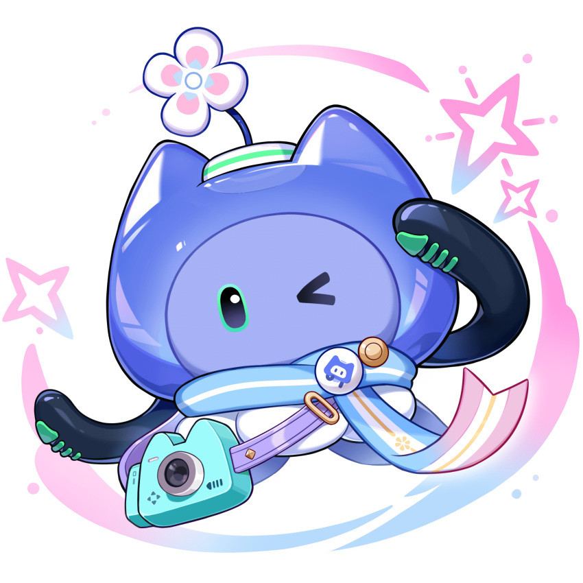 animal_ears, badge, black_eyes, blue_scarf, button_badge, camera, cat_ears, cosplay, flower, highres, honkai:_star_rail, honkai_(series), hoyolab, logo, looking_at_viewer, march_7th_(honkai:_star_rail), march_7th_(honkai:_star_rail)_(cosplay), mihoyo, mimo_(hoyolab), no_humans, octopus, one_eye_closed, scarf, tentacles, transparent_background