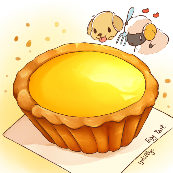 0_0, :3, animal, artist_name, black_eyes, chibi, chibi_inset, closed_mouth, commentary, dog, egg_tart, food, food_focus, fork, happy, heart, holding, holding_fork, no_humans, original, paper, sheep, signature, smile, solid_oval_eyes, tart_(food), tongue, tongue_out, white_eyes, yellow_background, yellow_theme, yuki00yo