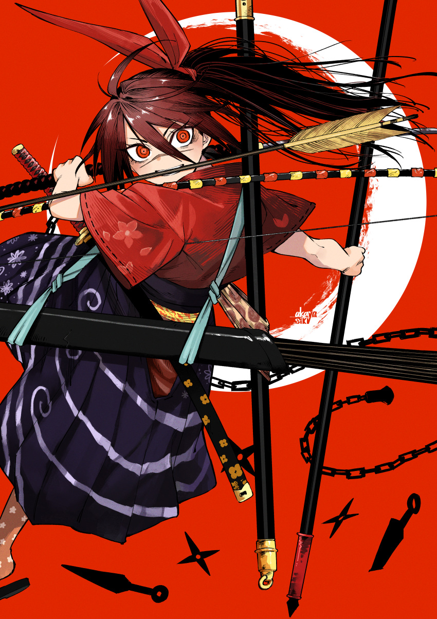 1girl, absurdres, ahoge, akaya_shiki, arrow_in_mouth, artist_name, bow, commentary