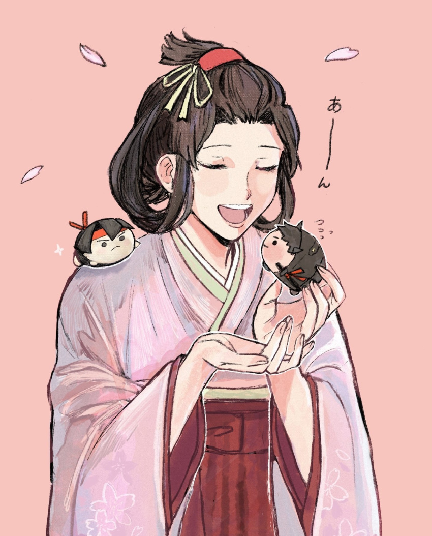 1girl, :d, ace_attorney, asamura_g, bangs_pinned_back, black_eyes, black_hair, character_doll, closed_eyes, commentary, facing_viewer, falling_petals, flying_sweatdrops, hair_ribbon, hair_rings, hakama, hakama_skirt, headband, highres, holding, holding_stuffed_toy, japanese_clothes, kazuma_asogi, kimono, long_sleeves, mochikororin, open_mouth, petals, pink_background, pink_kimono, red_headband, red_skirt, ribbon, ryunosuke_naruhodo, short_hair, skirt, smile, stuffed_toy, susato_mikotoba, symbol-only_commentary, the_great_ace_attorney, updo, wide_sleeves, yellow_ribbon