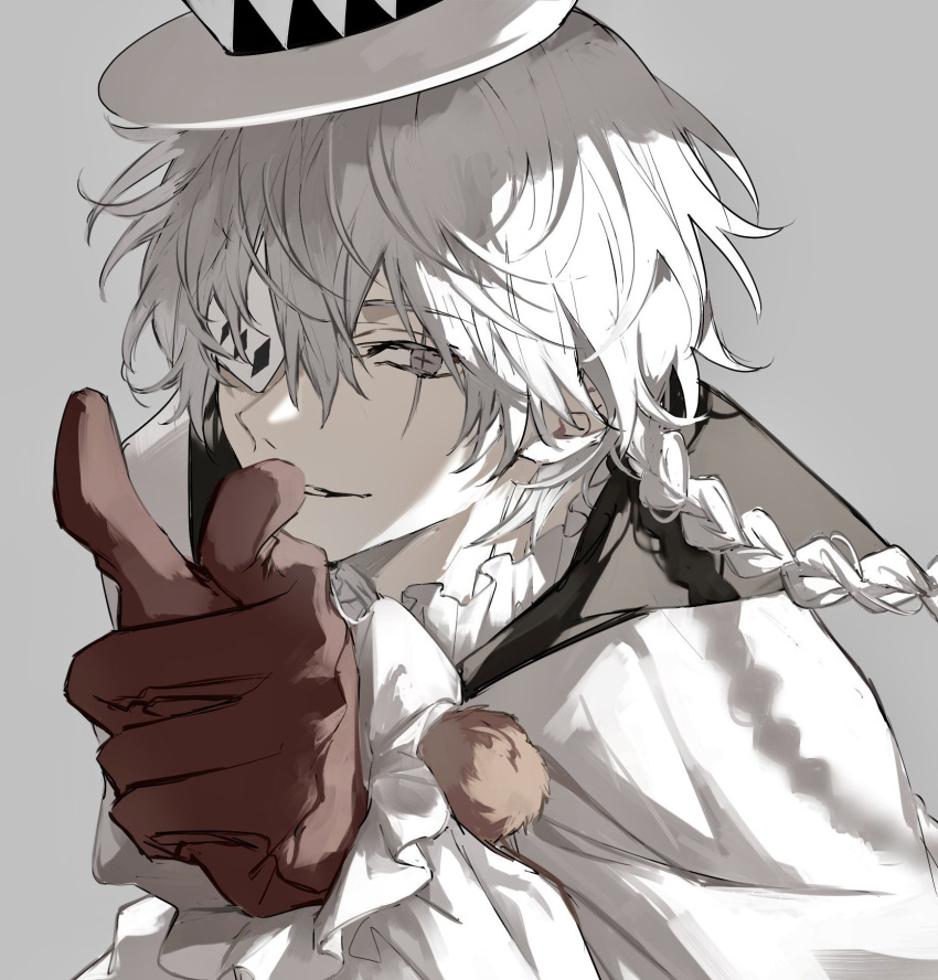 1boy, braid, bungou_stray_dogs, coat, collared_coat, eyepatch, gloves, grey_background