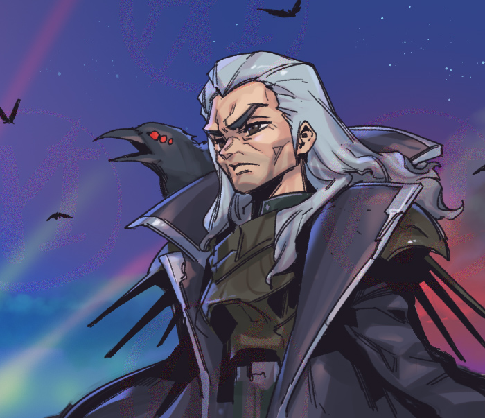 1boy, animal, animal_on_shoulder, armor, beatrice_(league_of_legends), bird, bird_on_shoulder, black_coat