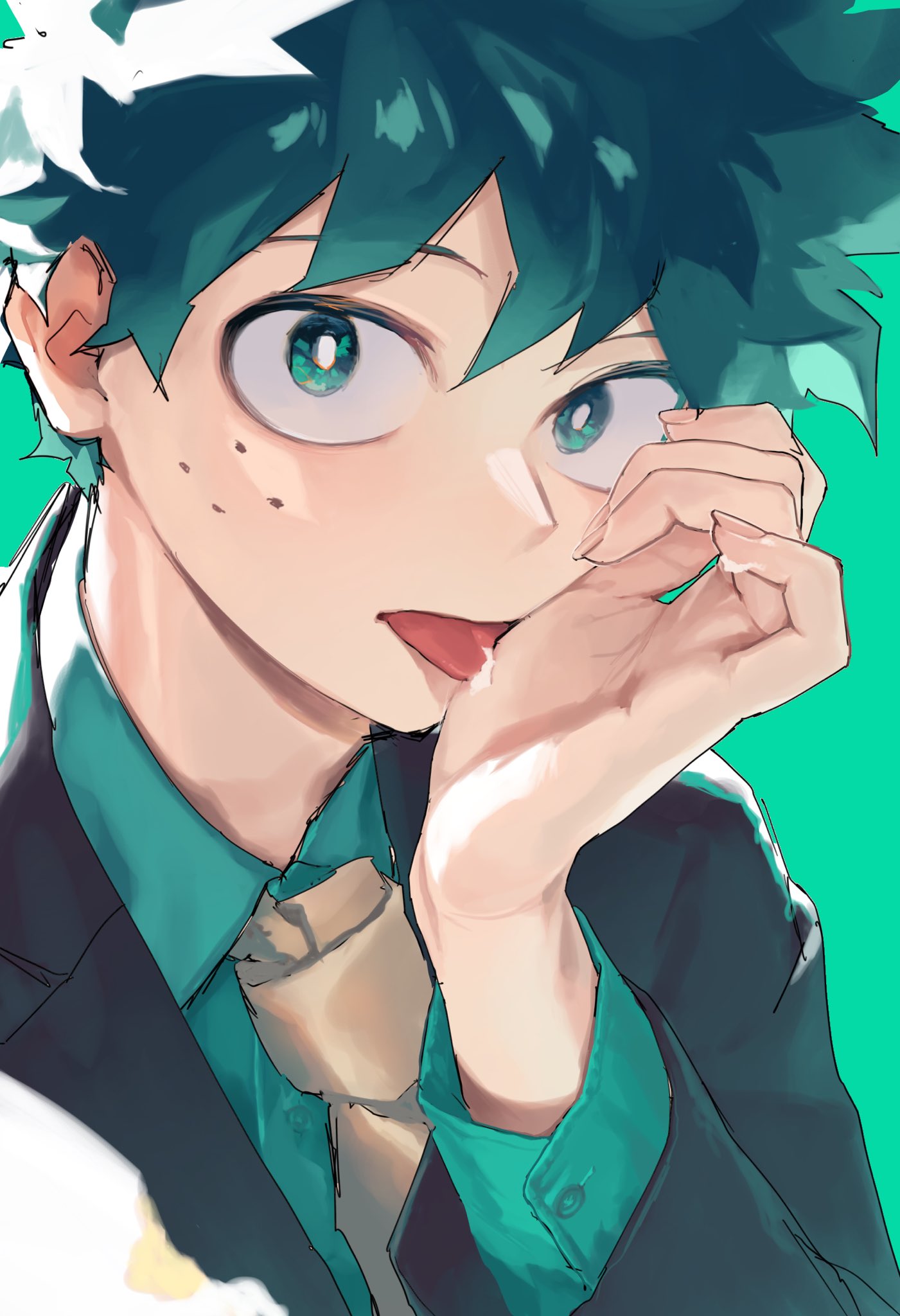 1boy, black_jacket, boku_no_hero_academia, brown_necktie, collared_shirt, cream_on_hands, cut_(nifuhami_35), freckles, green_background, green_eyes, green_hair, green_shirt, highres, jacket, licking, licking_hand, long_sleeves, male_focus, midoriya_izuku, necktie, shirt, short_hair, simple_background, solo, tongue, tongue_out