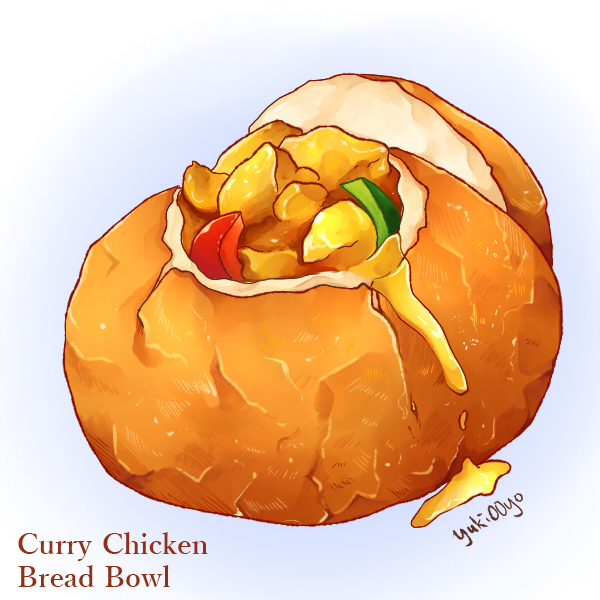 artist_name, bell_pepper, blue_background, bread, bread_bowl, chicken_(food), commentary, curry